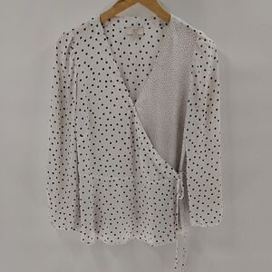 LOFT Wrap Style Blouse Size Small White Navy Blue Polka Dot Long Sleeve